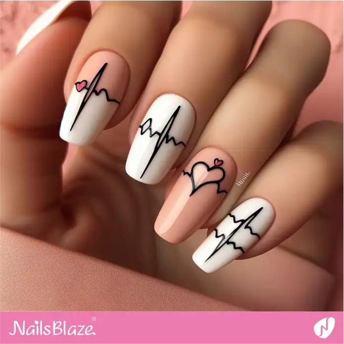 Nude and White Nails with Minimal Heart Beat Design | Valentine Nails - NB2383